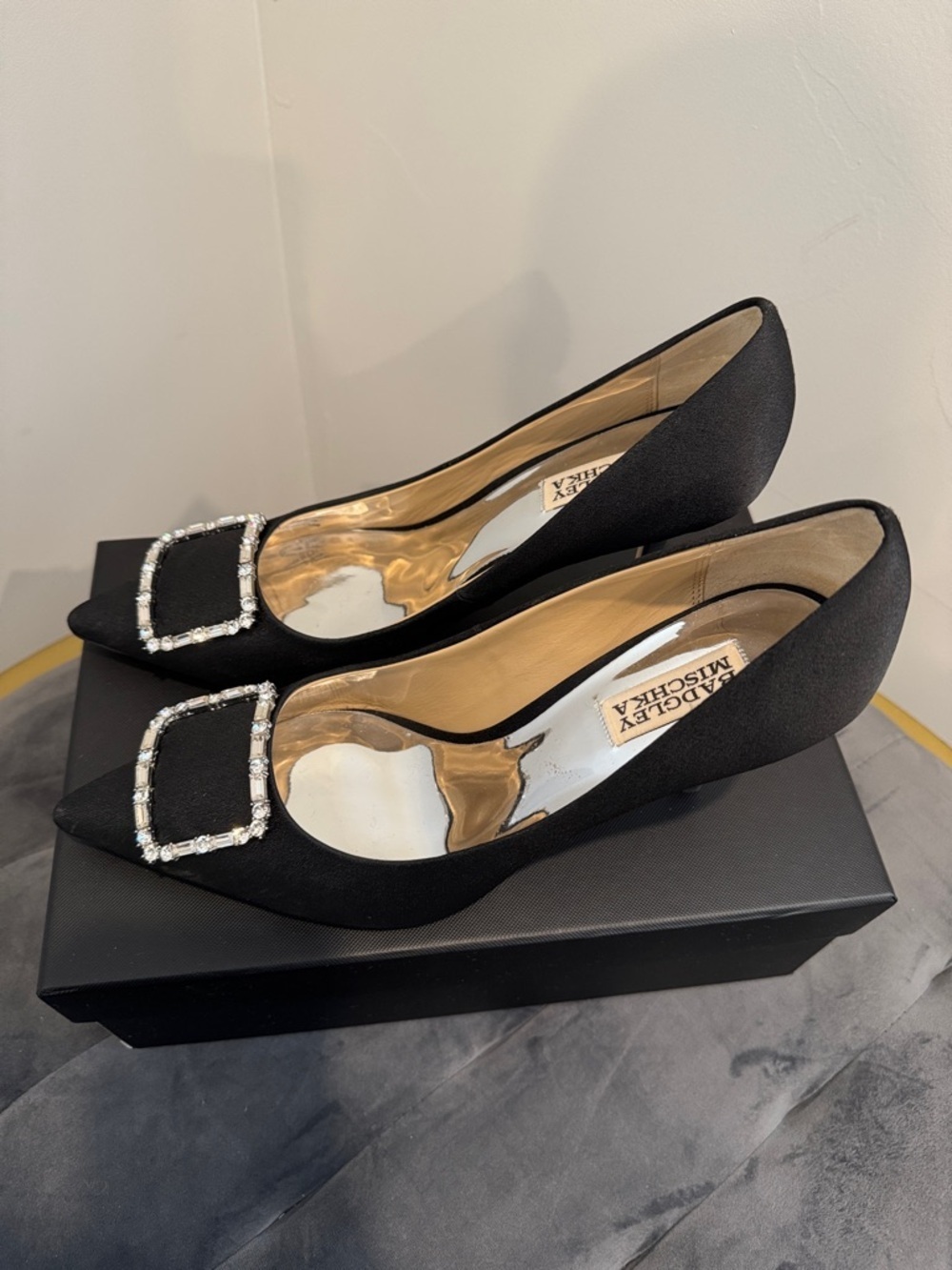 Badgley Mischka Devi Black Satin Pointed Pumps with Crystal Square Buckle - Picture 2 of 8